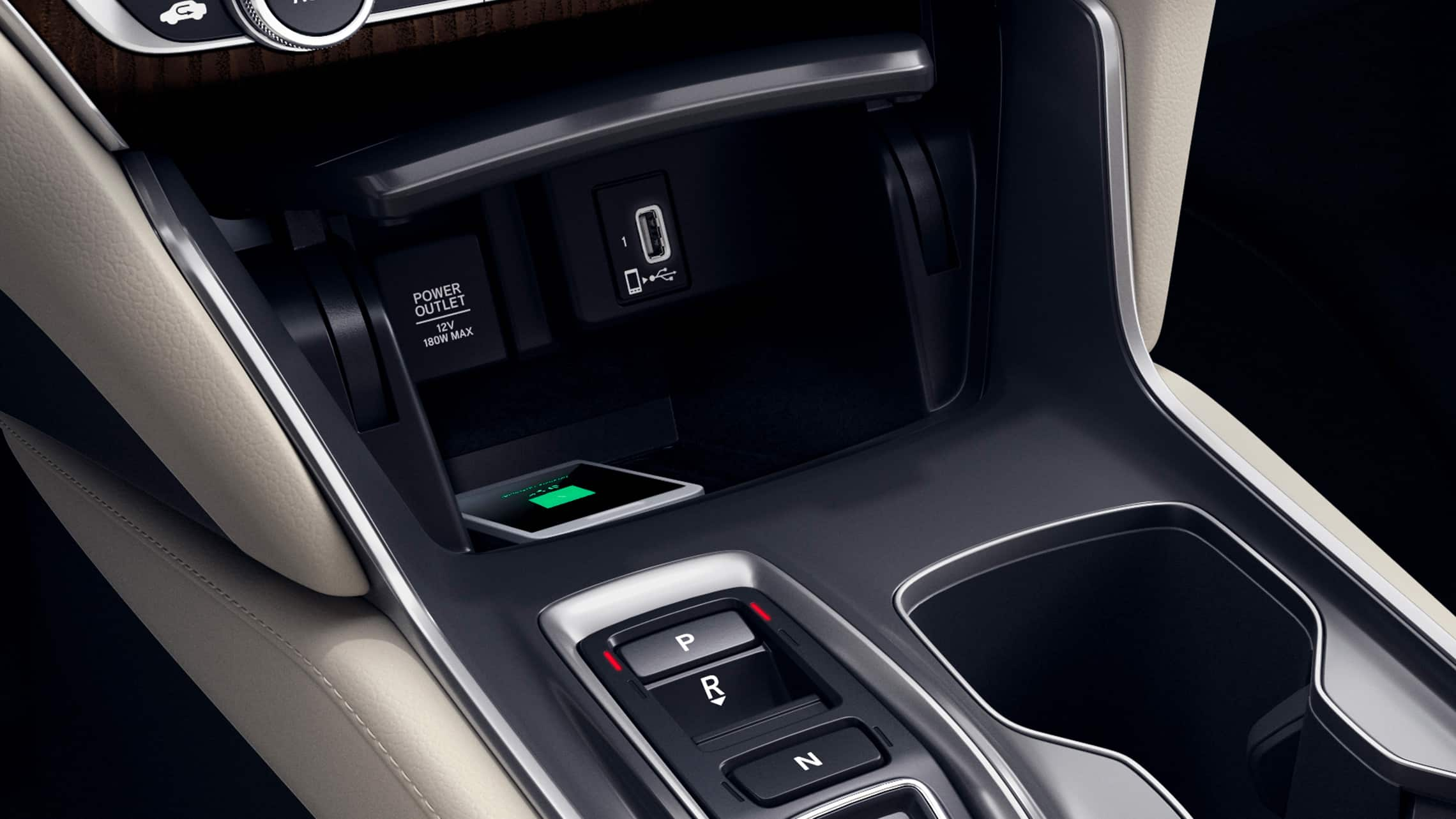 Wireless phone charger detail in the 2021 Honda Accord Touring 2.0T with Ivory Leather.