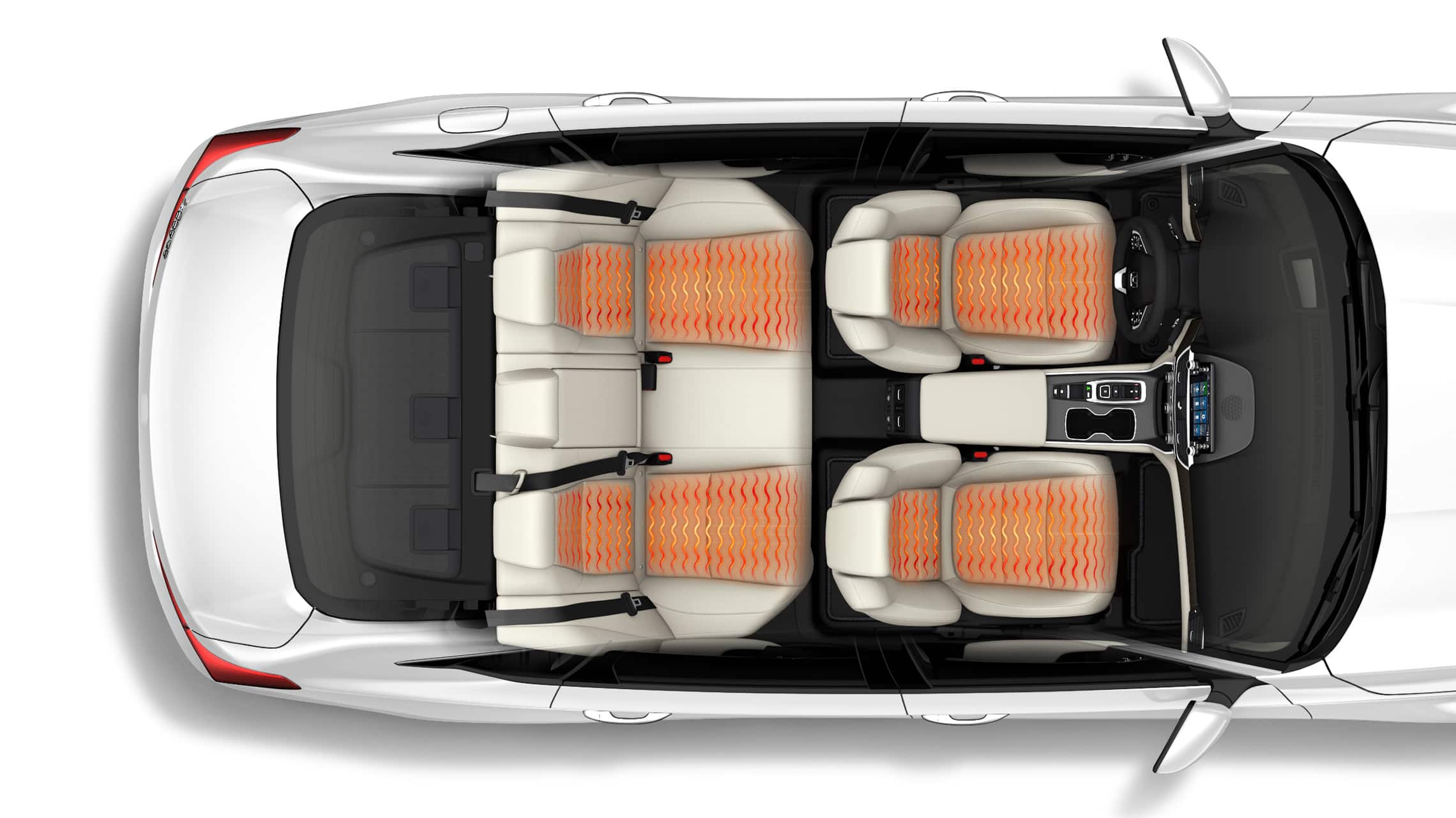 Overhead interior view of the 2021 Honda Accord Touring 2.0T with illustrated temperature waves showing heated front seats and outboard rear seats.