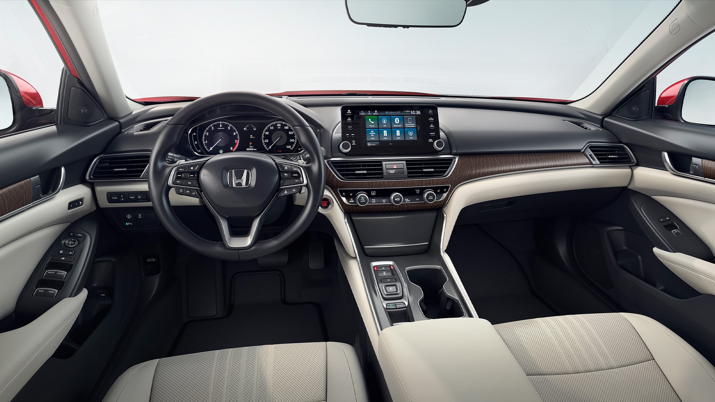 Interior view of front seats and dashboard in the 2021 Honda Accord Touring 2.0T with Ivory Leather.